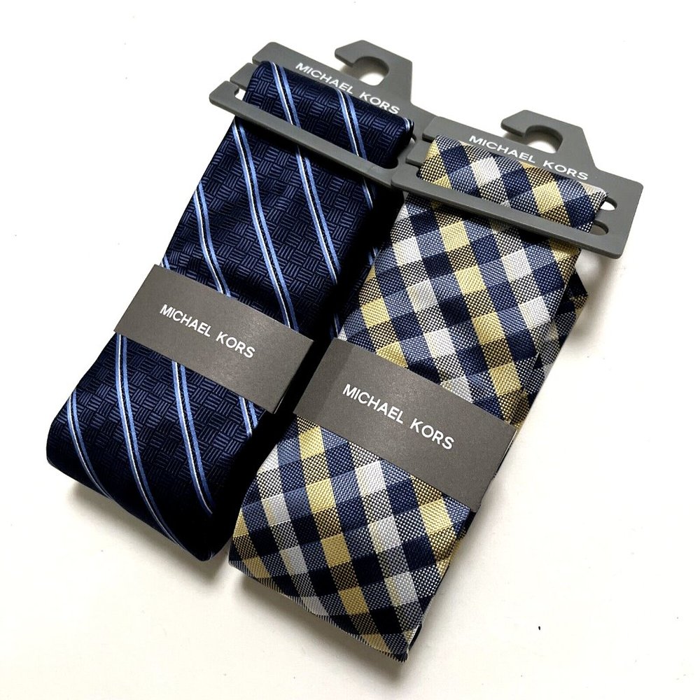 Michael Kors Mens Ties 2 Pack Navy Blue Plaid Stripe Necktie Gift Set NWT
